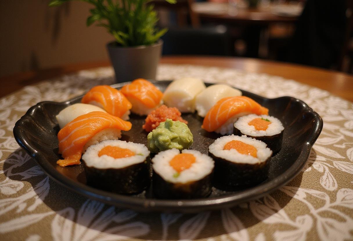 Sushi Tendou's heavenly sushi platter displayed beautifully, garnished and ready to serve.