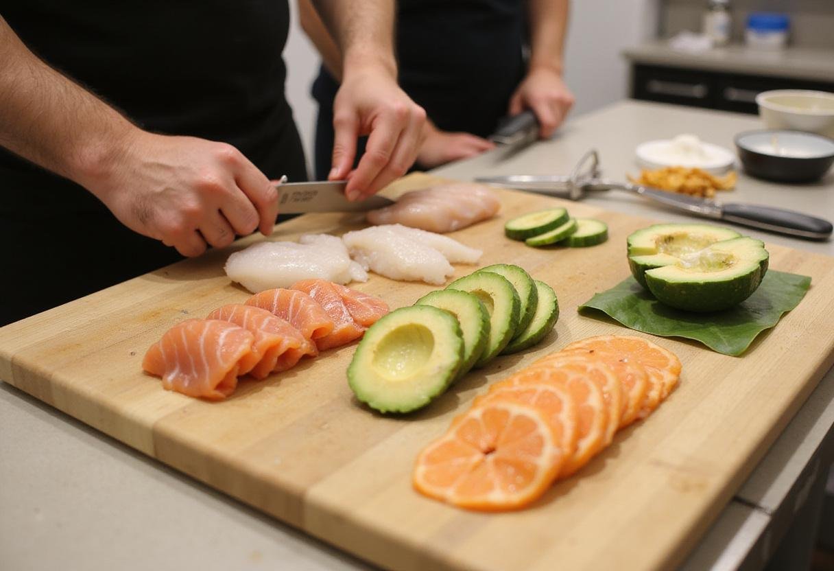 Sushi Tendou fresh ingredients laid out on a cutting board for sushi-making.