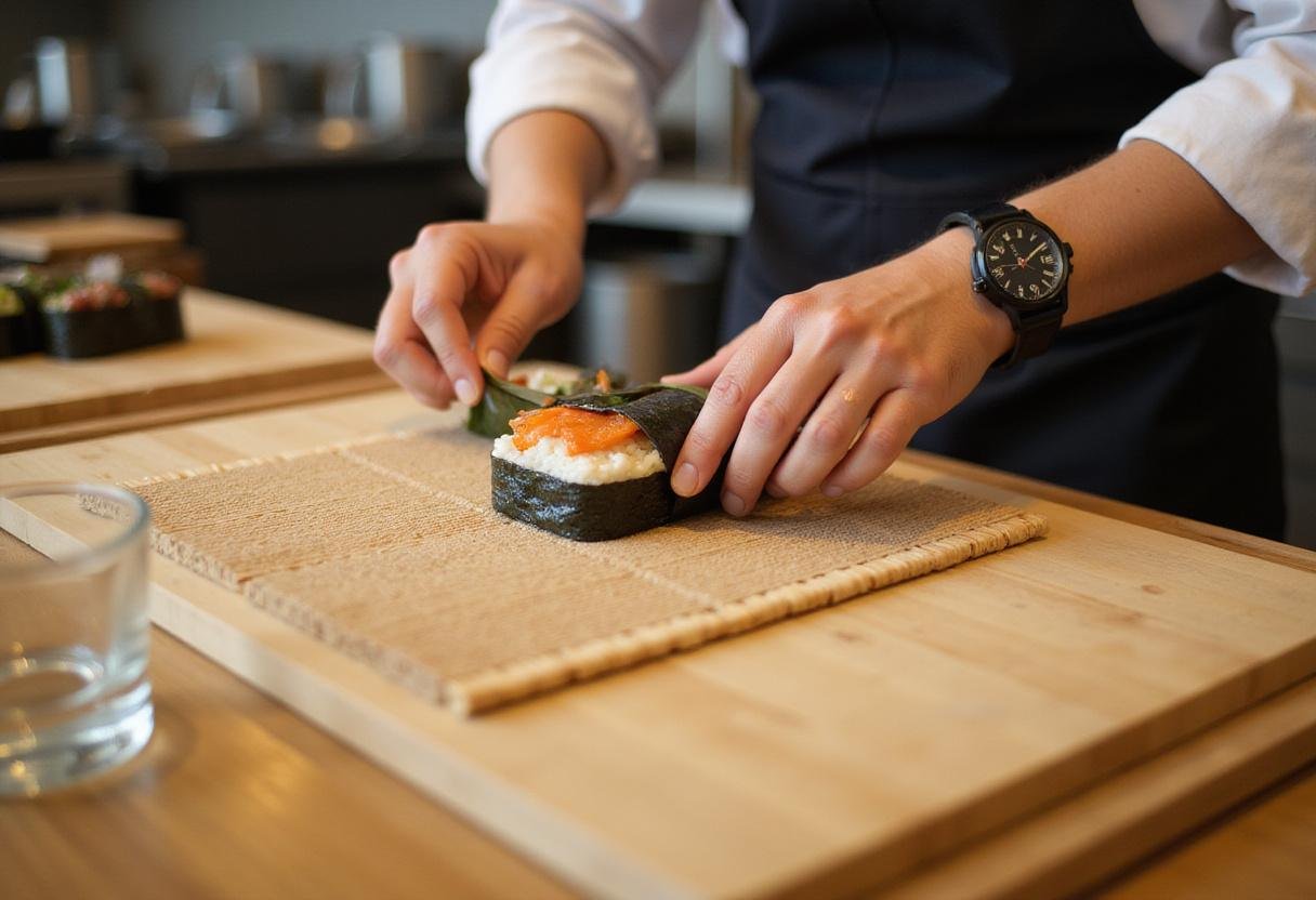 Sushi Tendou chef skillfully rolling sushi with bamboo mat in a focused kitchen environment.