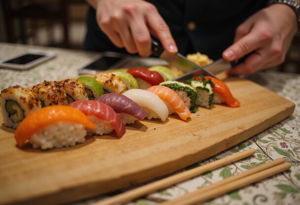 Sushi Tendou chef slicing perfectly rolled sushi, highlighting the vibrant colors and textures.