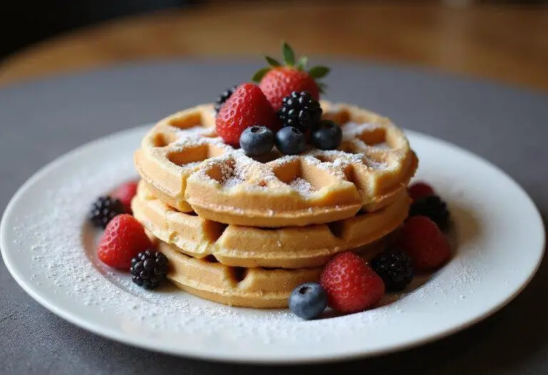 Delicious sweet crispy pearl waffles stacked elegantly on a plate, garnished with berries and powdered sugar, perfect for breakfast.