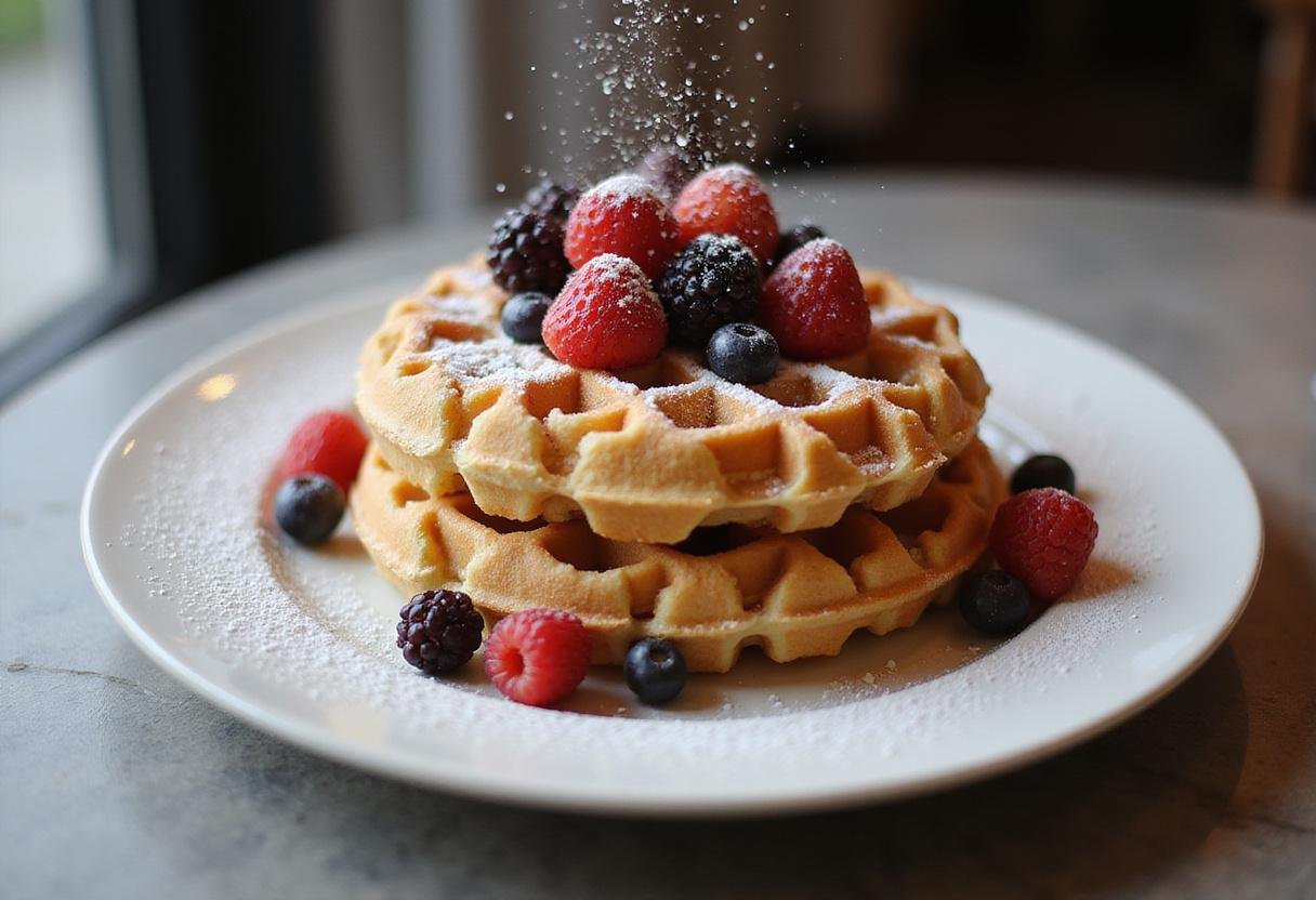 Delicious sweet crispy pearl waffles stacked elegantly on a plate, garnished with berries and powdered sugar, perfect for breakfast.