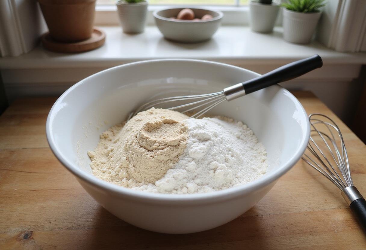 Mixing ingredients for sweet crispy pearl waffles, showcasing flour and sugar in a cozy kitchen.