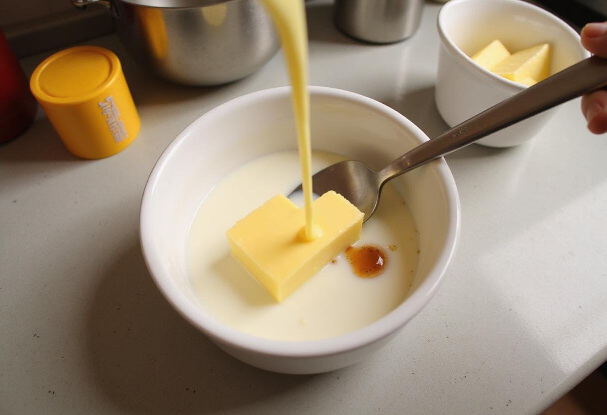 Combining melted butter with milk and vanilla for pearl sugar waffles, highlighting the delicious ingredients.