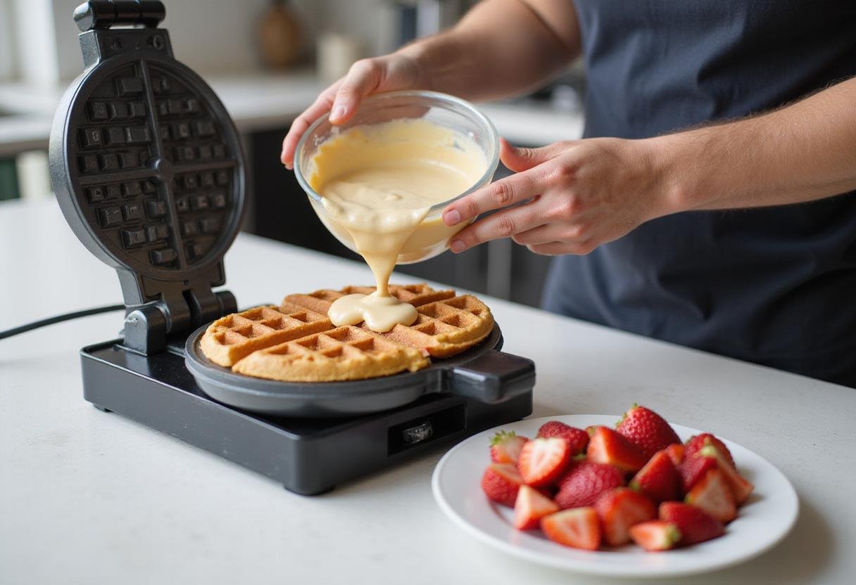 Preparing sweet crispy pearl waffles by pouring batter into a waffle maker, with fresh strawberries nearby.