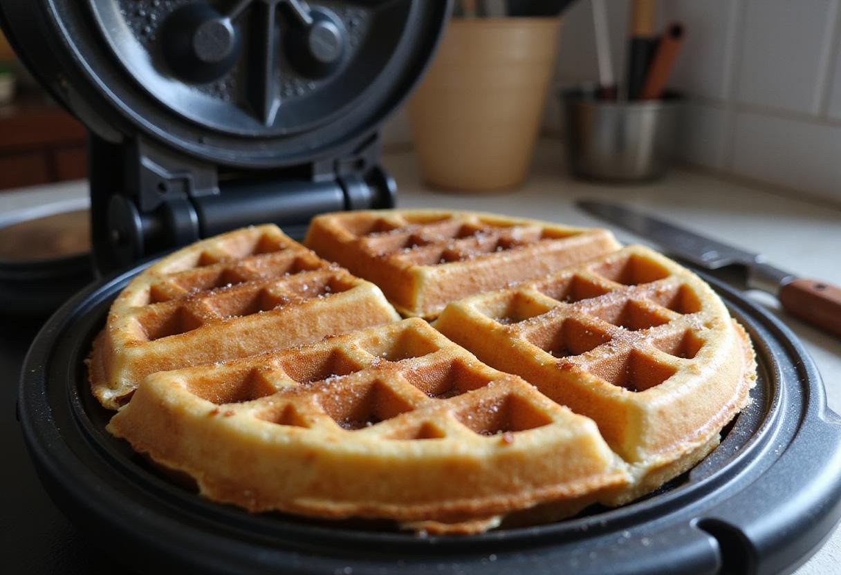 Freshly cooked sweet crispy pearl waffles, showcasing the golden texture and glistening pearl sugar in a warm kitchen.