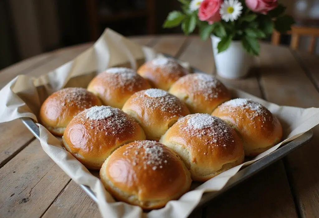 Final presentation of Sweet Mallorca Bread Rolls, golden and fluffy, garnished with powdered sugar, perfect for serving.