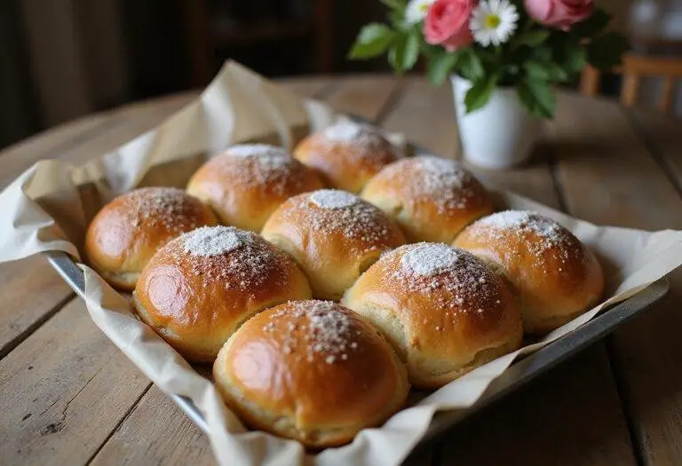Final presentation of Sweet Mallorca Bread Rolls, golden and fluffy, garnished with powdered sugar, perfect for serving.