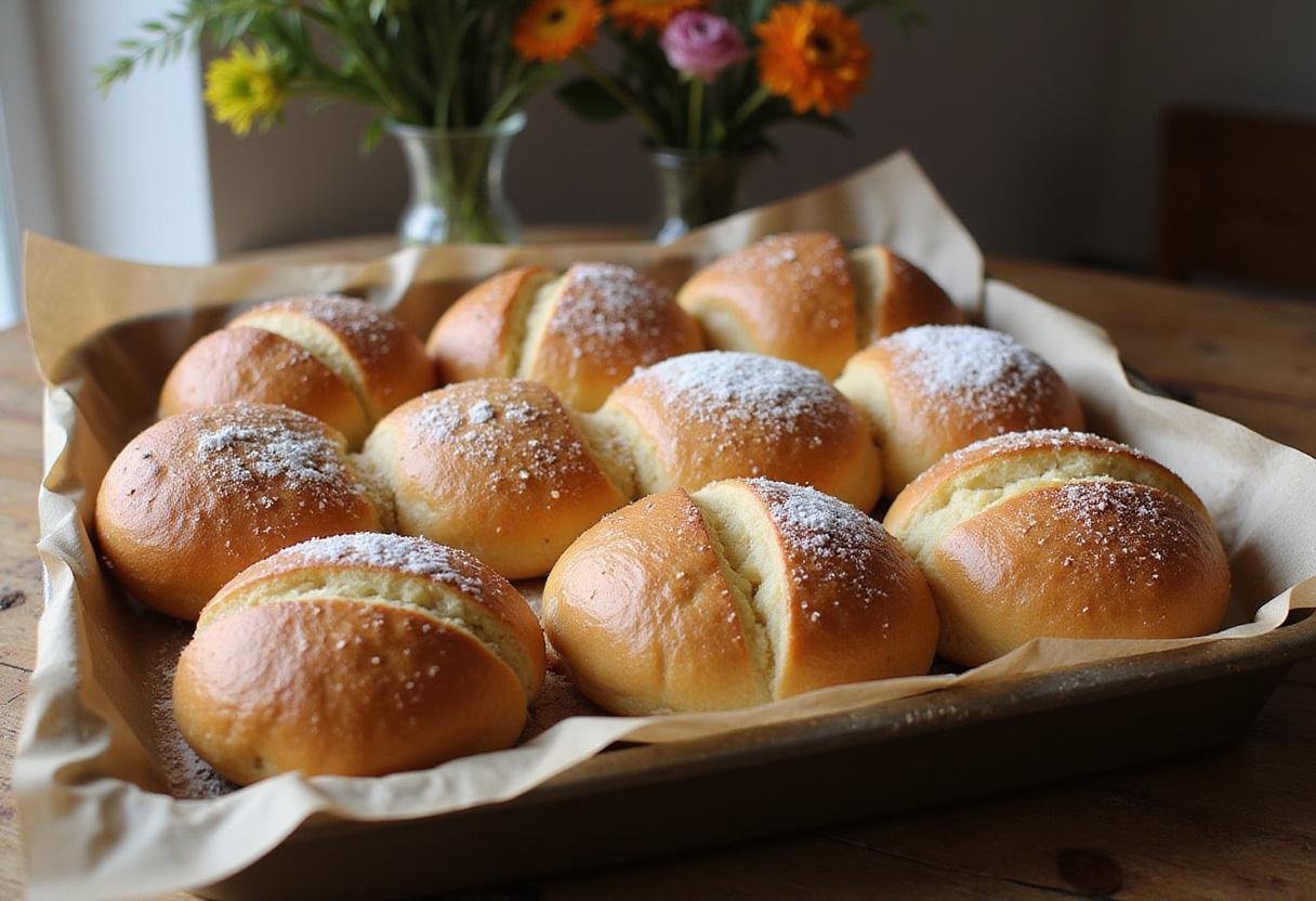 Final presentation of Sweet Mallorca Bread Rolls, golden and fluffy, garnished with powdered sugar, perfect for serving.