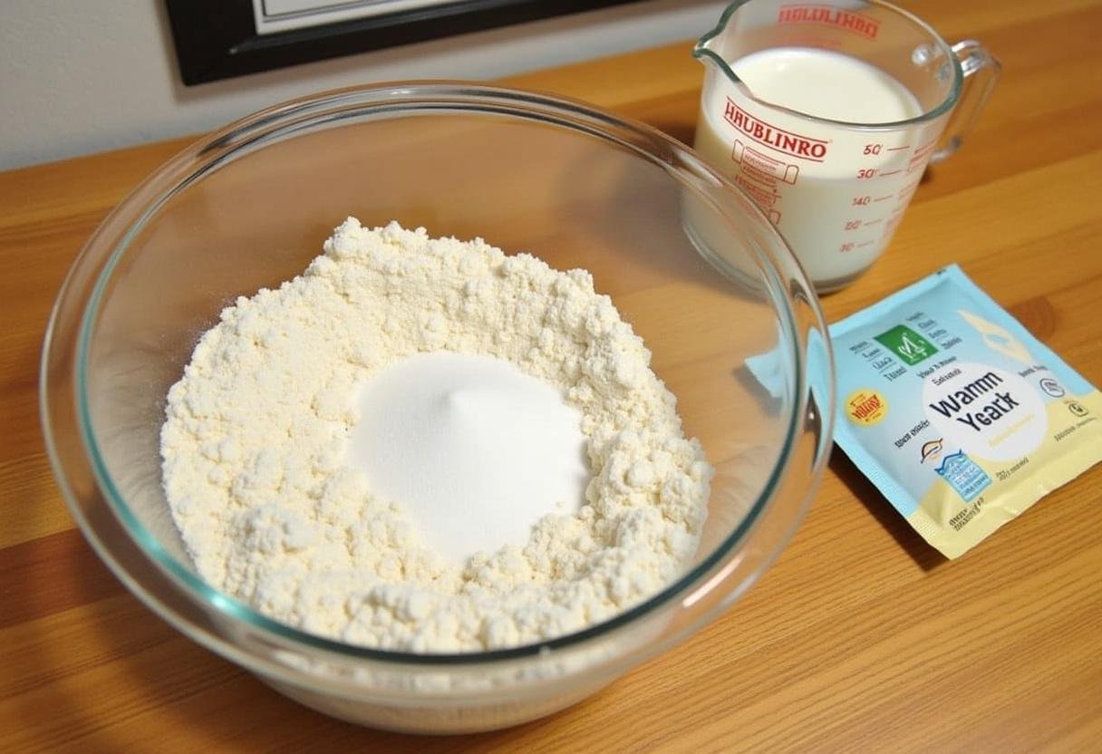 Starting ingredients for Sweet Mallorca Bread Rolls including flour, sugar, yeast, and warm milk on a kitchen counter.
