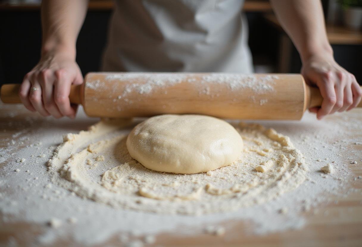 Kneading dough for Sweet Mallorca Bread Rolls on a floured kitchen surface, showcasing the texture and elasticity.