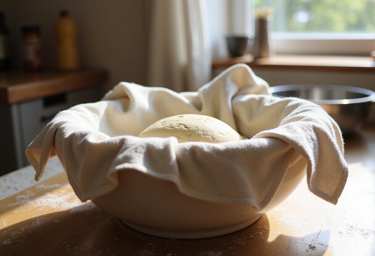 Dough rising for Sweet Mallorca Bread Rolls in a covered bowl, set in a bright and warm kitchen atmosphere.
