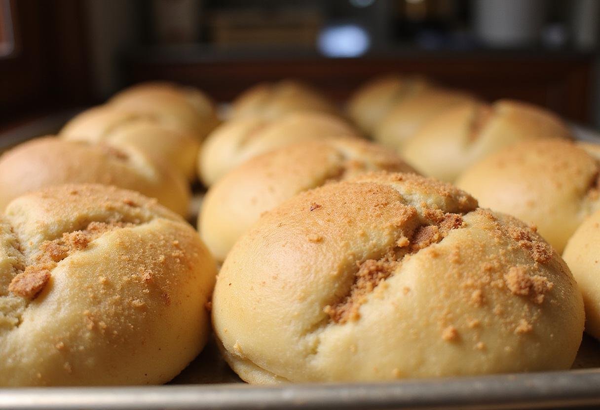 Shaped Sweet Mallorca Bread Rolls on a baking tray, ready for baking, showcasing their delightful sugar topping.