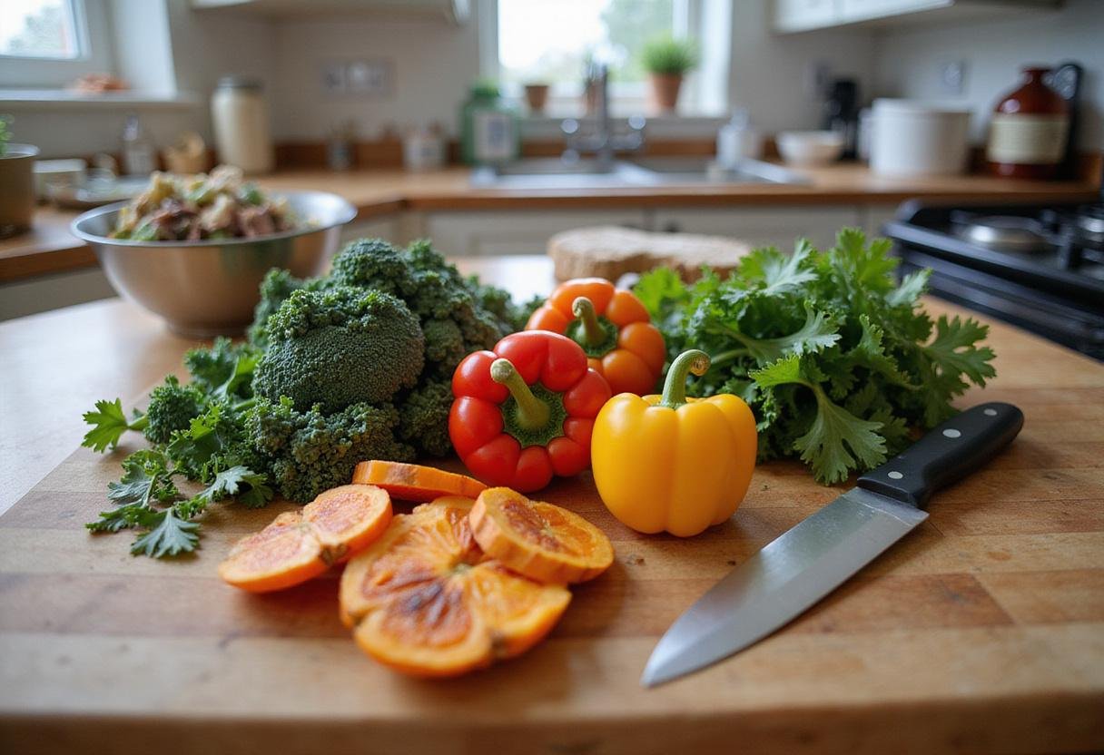 Chopping fresh vegetables for Sweetgreen Harvest Bowl recipe with vibrant colors and healthy ingredients.