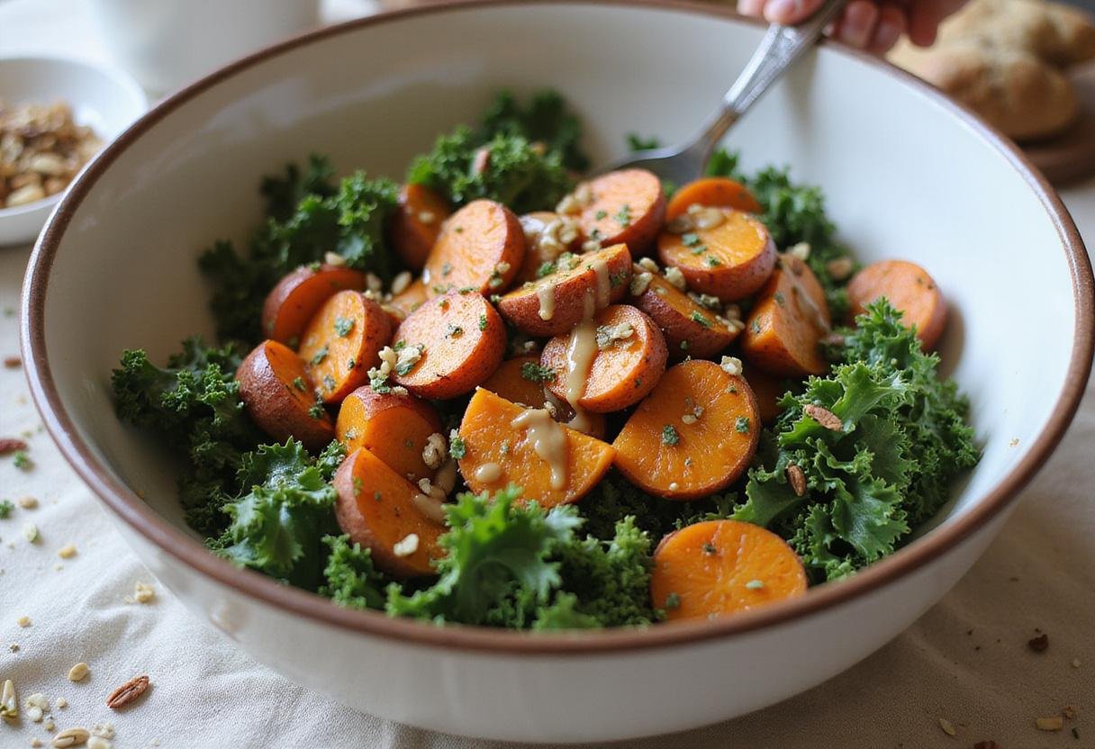 Mixing kale and roasted sweet potatoes for a wholesome Sweetgreen Harvest Bowl recipe, ready for serving.