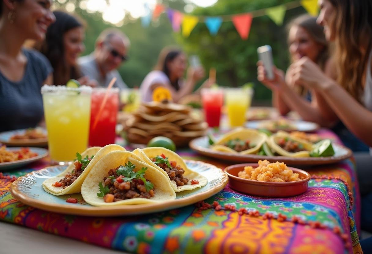 Tacos and tequila celebration in Sioux Falls, showcasing a lively atmosphere and delicious food enjoyed by friends.