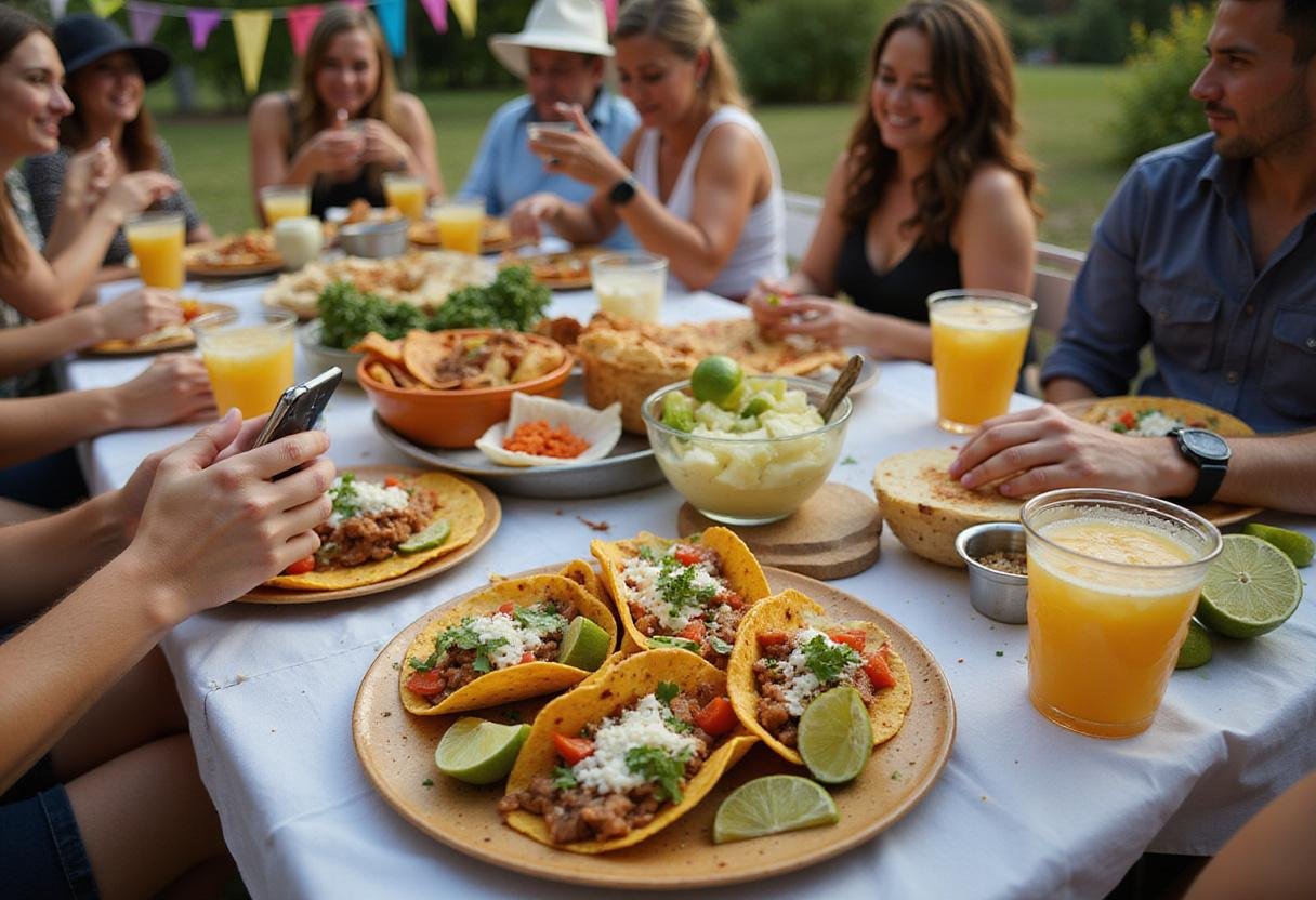 Tacos and tequila celebration in Sioux Falls, showcasing a lively atmosphere and delicious food enjoyed by friends.