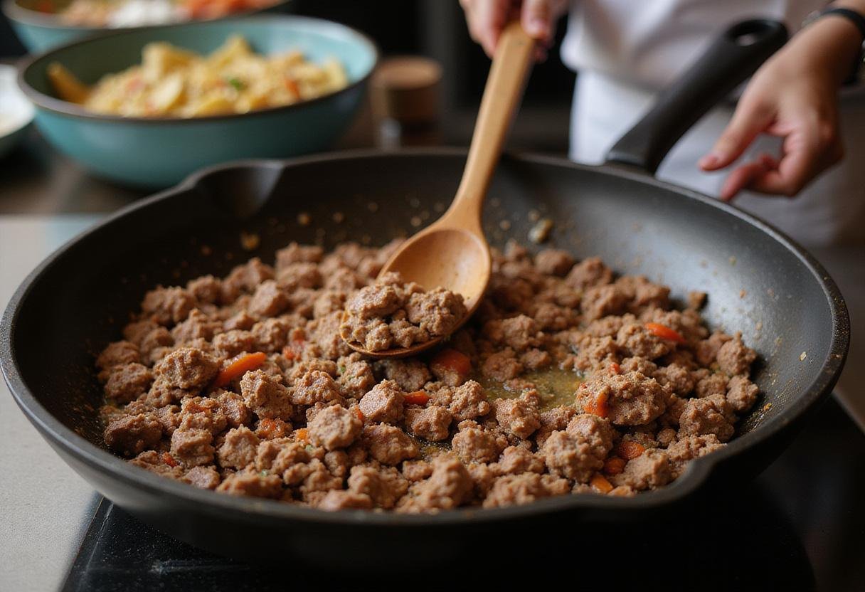 Cooking seasoned ground beef for tacos in a Sioux Falls kitchen, perfecting the flavorful filling for a lively fiesta.