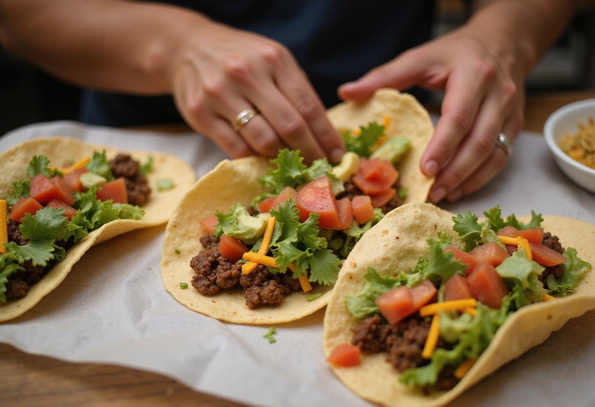 Assembling delicious tacos in Sioux Falls with fresh toppings, a perfect recipe for a fun taco night.