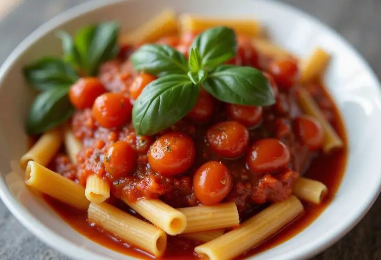 Delicious tangy roasted cherry tomato sauce in a bowl, garnished with basil, a perfect complement to pasta dishes.