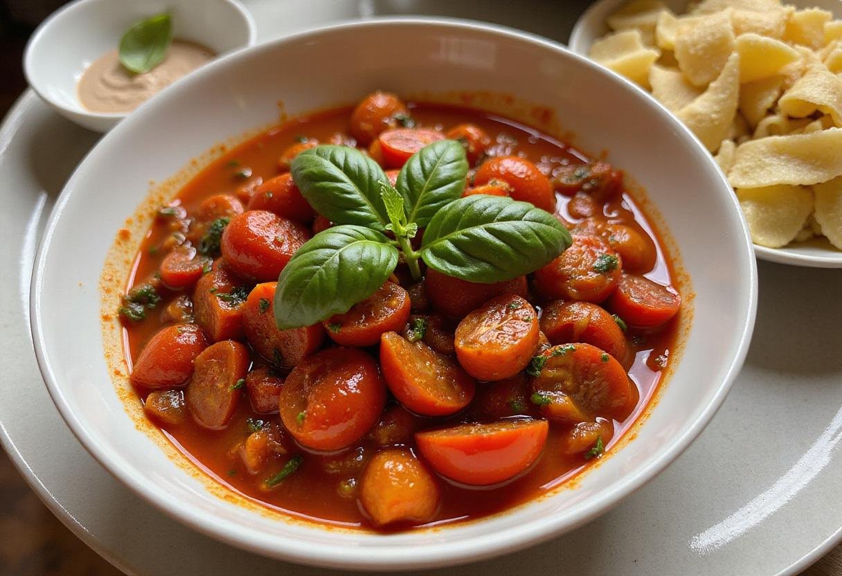 Delicious tangy roasted cherry tomato sauce in a bowl, garnished with basil, a perfect complement to pasta dishes.