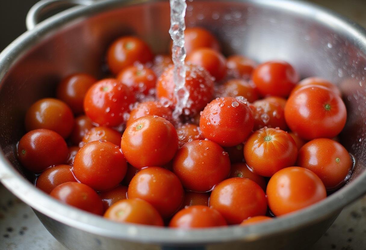 Fresh cherry tomatoes being washed for tangy roasted cherry tomato sauce preparation.