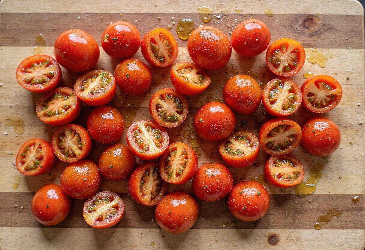 Halved cherry tomatoes prepared for roasting with olive oil and herbs, perfect for tangy cherry tomato sauce.