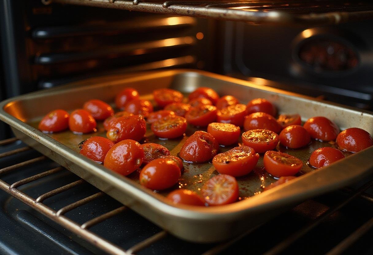 Roasted cherry tomatoes sizzling on a baking tray, a key component for a deliciously tangy sauce.