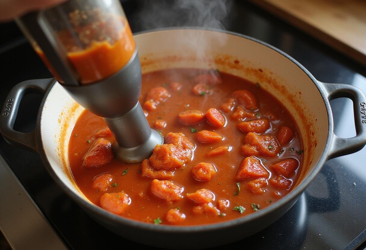 Blending roasted cherry tomatoes into a smooth sauce, creating a flavorful base for the tangy cherry tomato sauce.