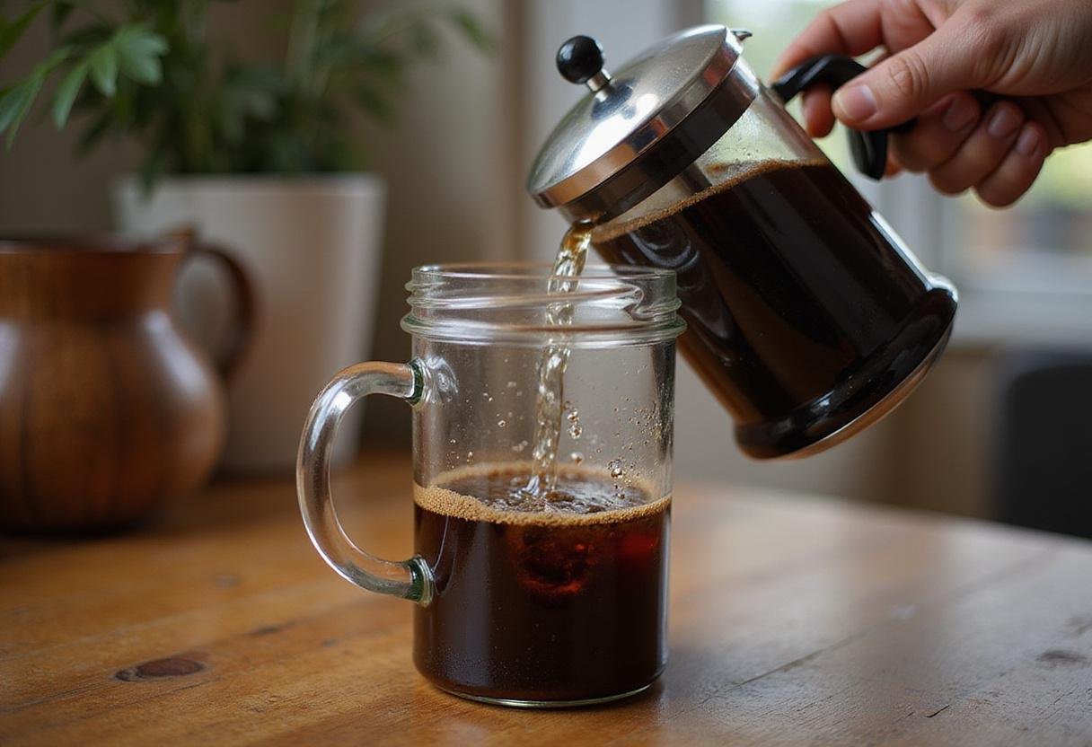 Hot water poured into a French press for Tasty n Alder's Aromatic Coffee, capturing the brewing technique for a rich flavor.