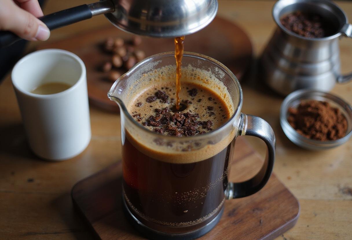 Pressing down the French press for Tasty n Alder's Aromatic Coffee, focusing on the brewing technique for aromatic coffee.