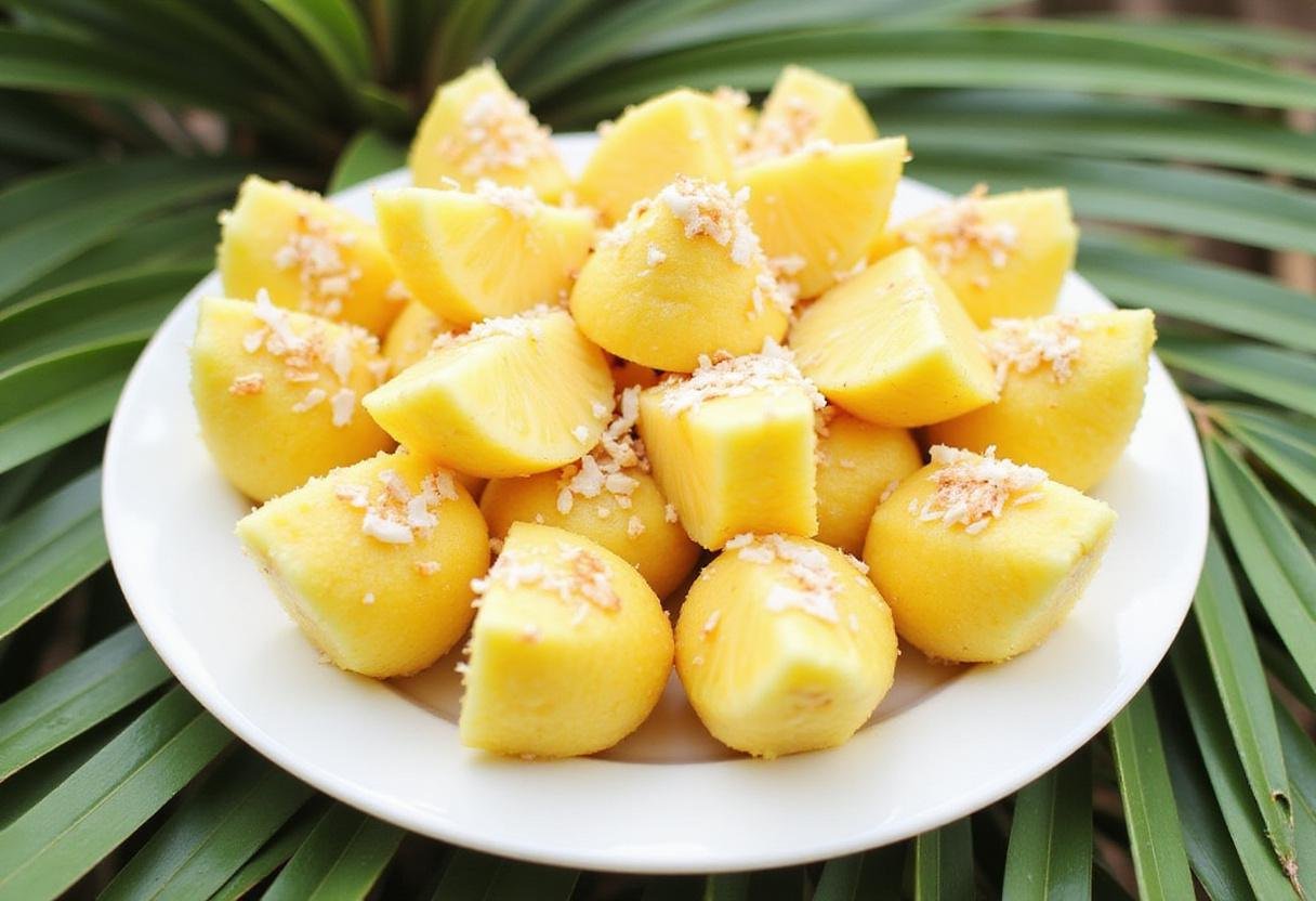 Completed Tropical Pineapple Bliss Bites served on a plate, ideal for summer gatherings, combining vibrant flavors and textures.