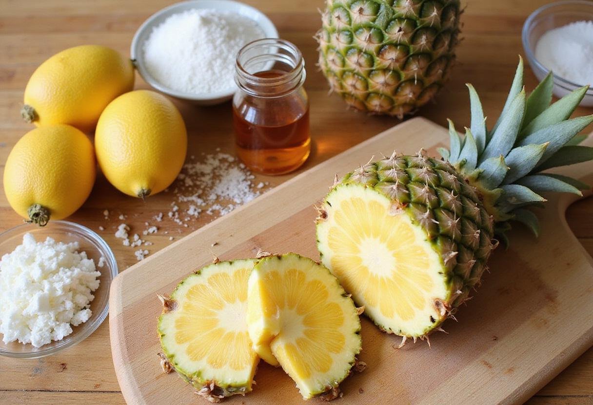 Fresh ingredients for Tropical Pineapple Bliss Bites including ripe pineapples, coconut flakes, and honey, perfect for summer treats.