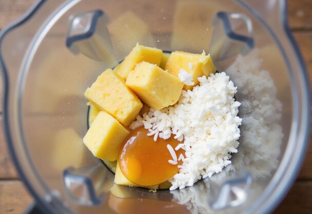 Blending fresh pineapple and coconut for a delicious Tropical Pineapple Bliss Bites recipe, showcasing kitchen preparation.