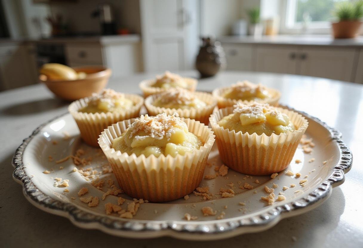 Cupcake liners filled with Tropical Pineapple Bliss mixture, garnished with coconut flakes for a delightful presentation.