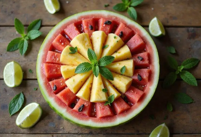 Finished Tropical Watermelon Pineapple Bowl displayed on a wooden table, ideal for summer gatherings and enjoying refreshing fruit.