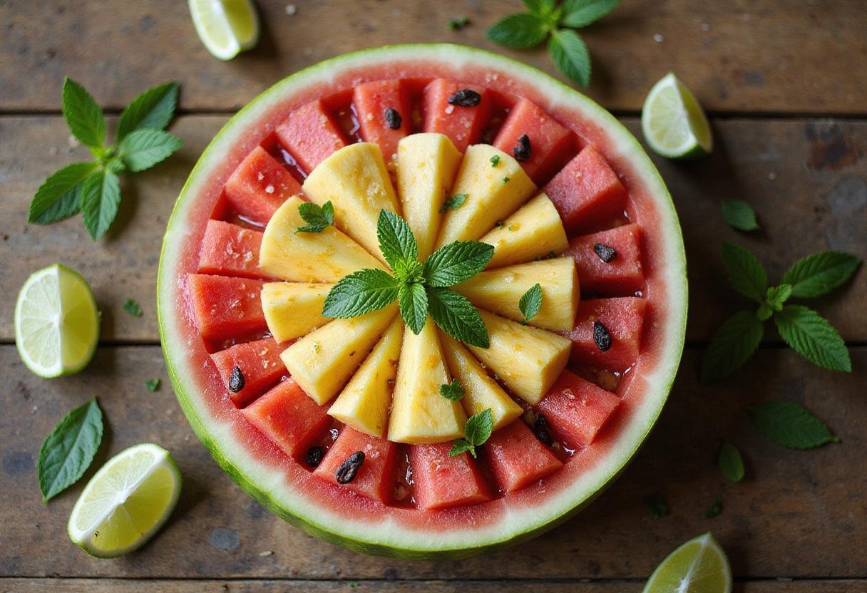 Finished Tropical Watermelon Pineapple Bowl displayed on a wooden table, ideal for summer gatherings and enjoying refreshing fruit.