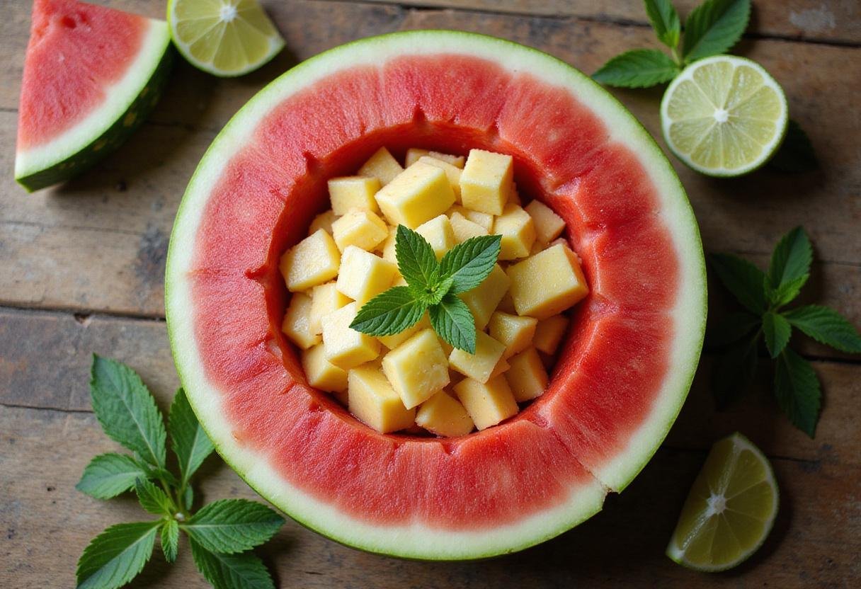Finished Tropical Watermelon Pineapple Bowl displayed on a wooden table, ideal for summer gatherings and enjoying refreshing fruit.