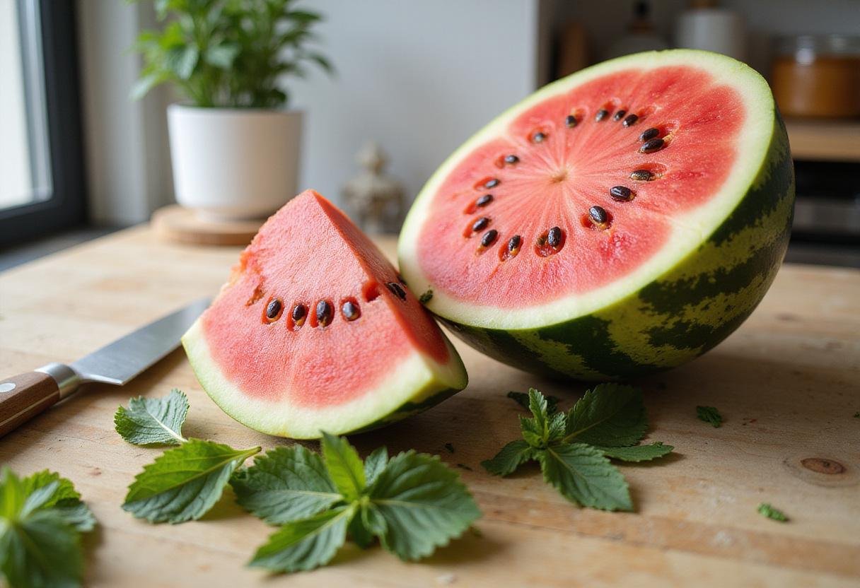 Juicy watermelon being cut in half on a kitchen counter, perfect for a Tropical Watermelon Pineapple Bowl.