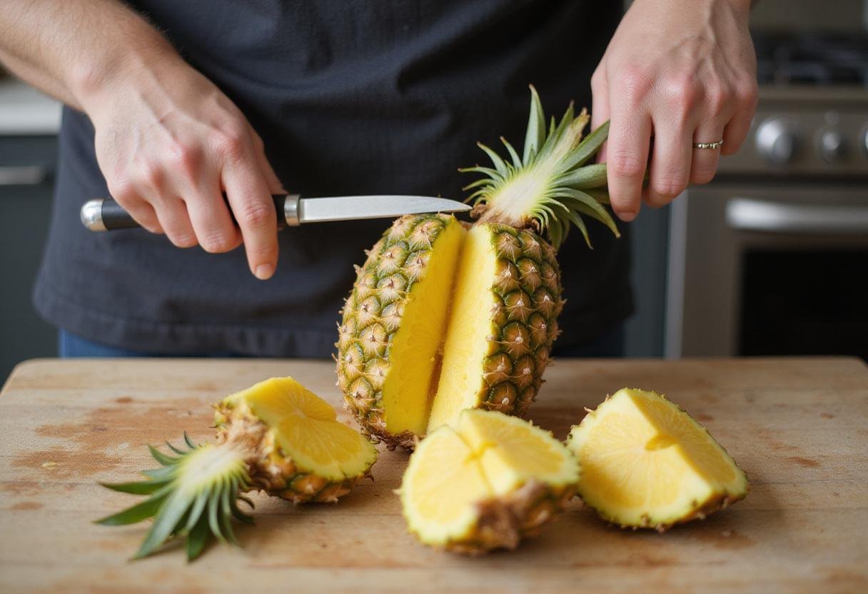 Pineapple being prepared for a Tropical Watermelon Pineapple Bowl, with its skin being cut away to reveal fresh fruit.