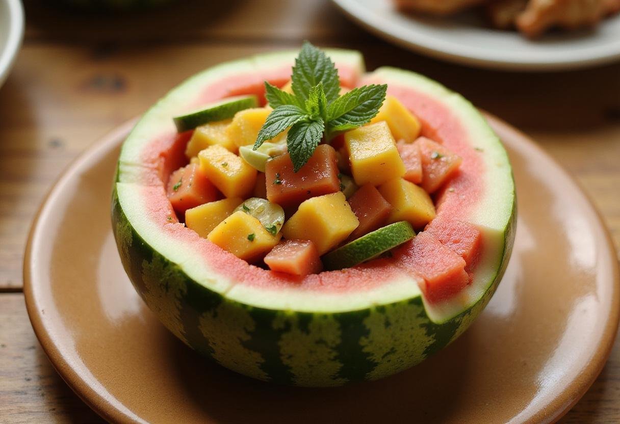 Beautifully presented Tropical Watermelon Pineapple Bowl in a hollowed watermelon, garnished and ready to serve.