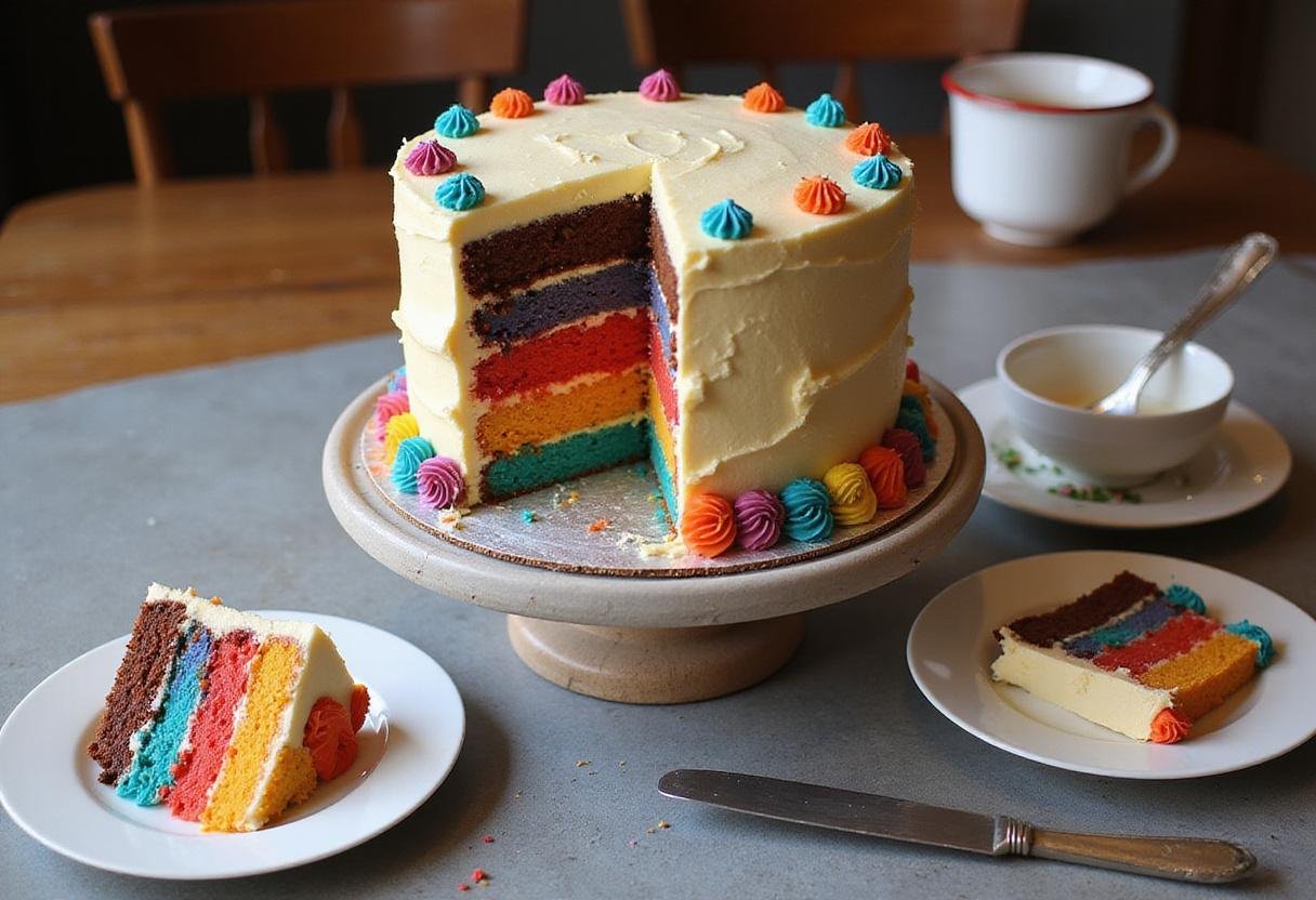 The final presentation of the Ultimate Atomic Cake Sensation, an explosion of flavors and colors in every bite.