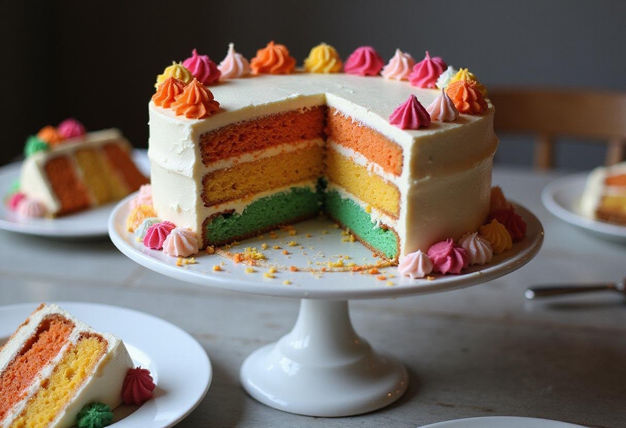 The final presentation of the Ultimate Atomic Cake Sensation, an explosion of flavors and colors in every bite.