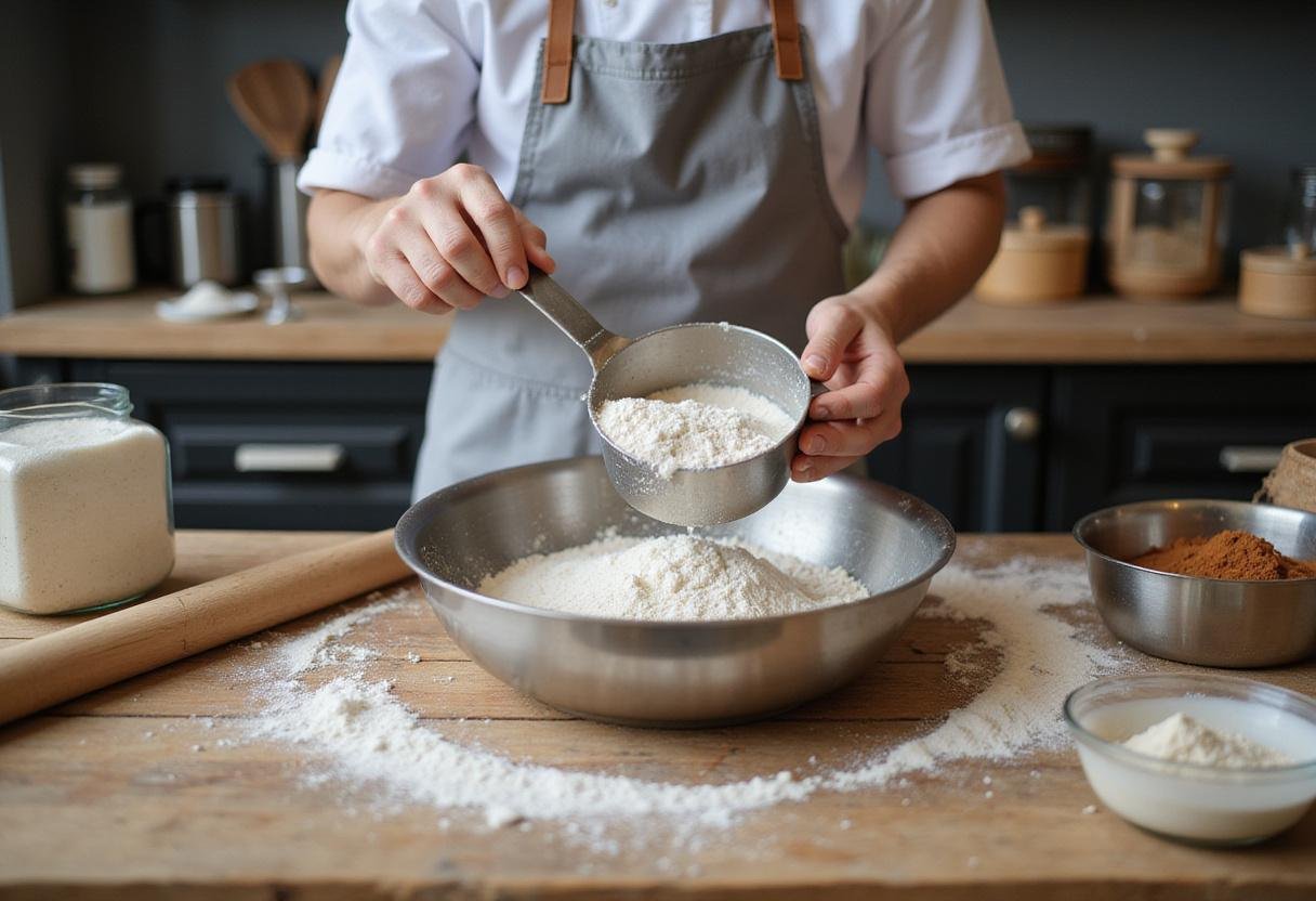 Measuring flour for the Ultimate Atomic Cake Sensation, a delicious dessert recipe with vibrant flavors.