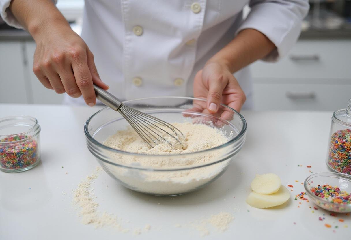 Mixing dry ingredients for Ultimate Atomic Cake Sensation, perfect for those who love vibrant and flavorful cakes.