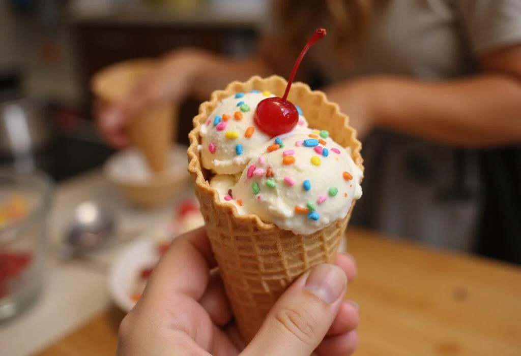 Ultimate pampered ice cream creation served in a waffle cone, topped with colorful sprinkles and a cherry in a cozy kitchen setting.