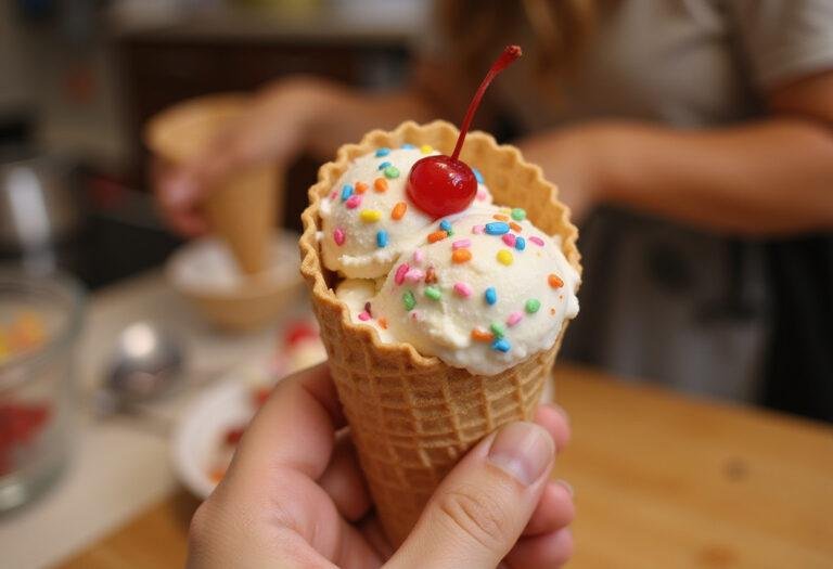 Ultimate pampered ice cream creation served in a waffle cone, topped with colorful sprinkles and a cherry in a cozy kitchen setting.
