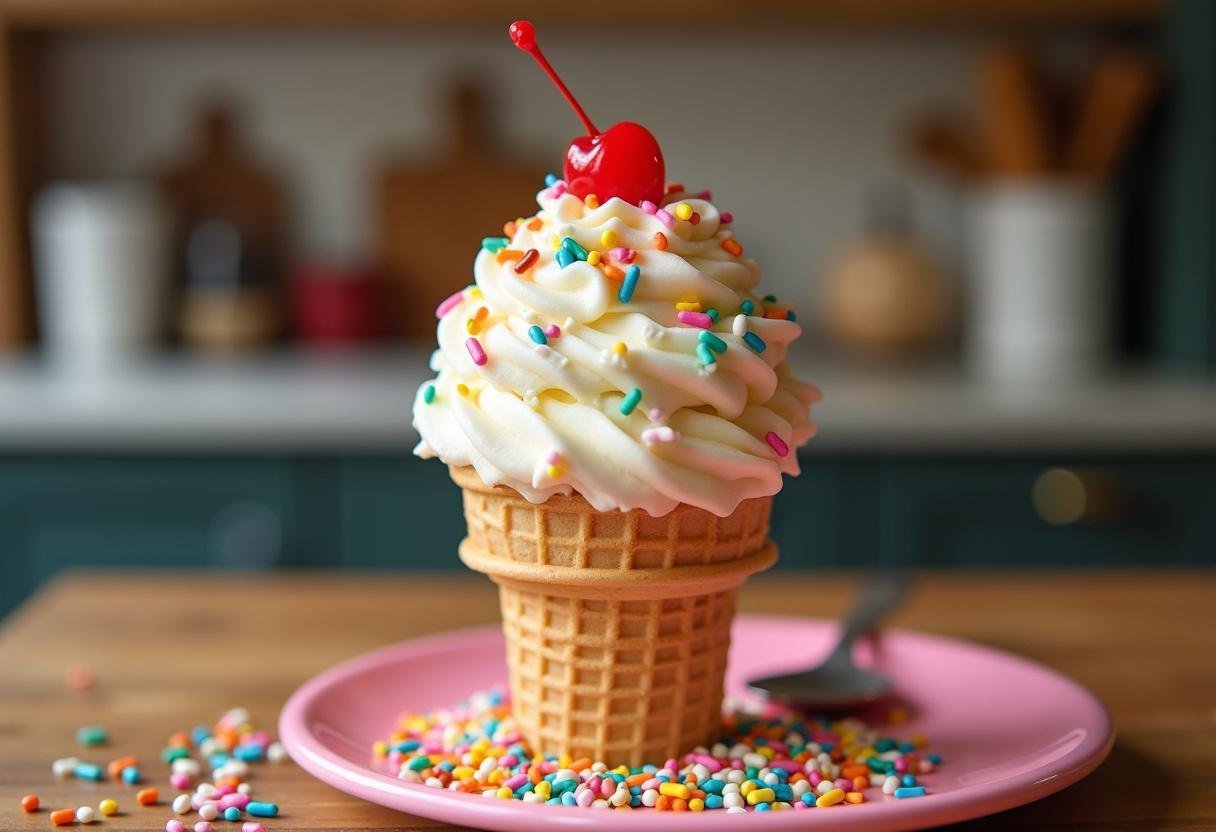 Ultimate pampered ice cream creation served in a waffle cone, topped with colorful sprinkles and a cherry in a cozy kitchen setting.