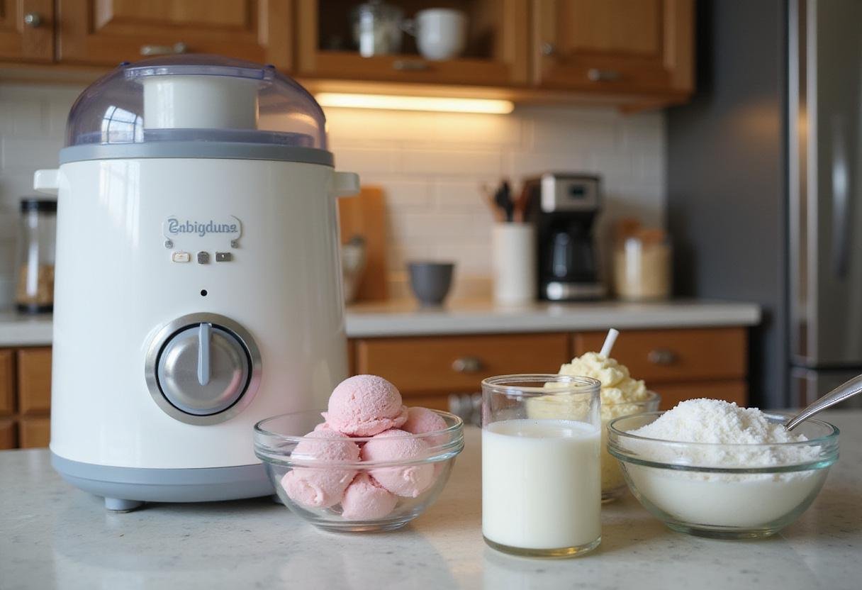 Pampered Chef ice cream maker with fresh ingredients like cream, milk, and sugar on a kitchen counter for making ice cream.