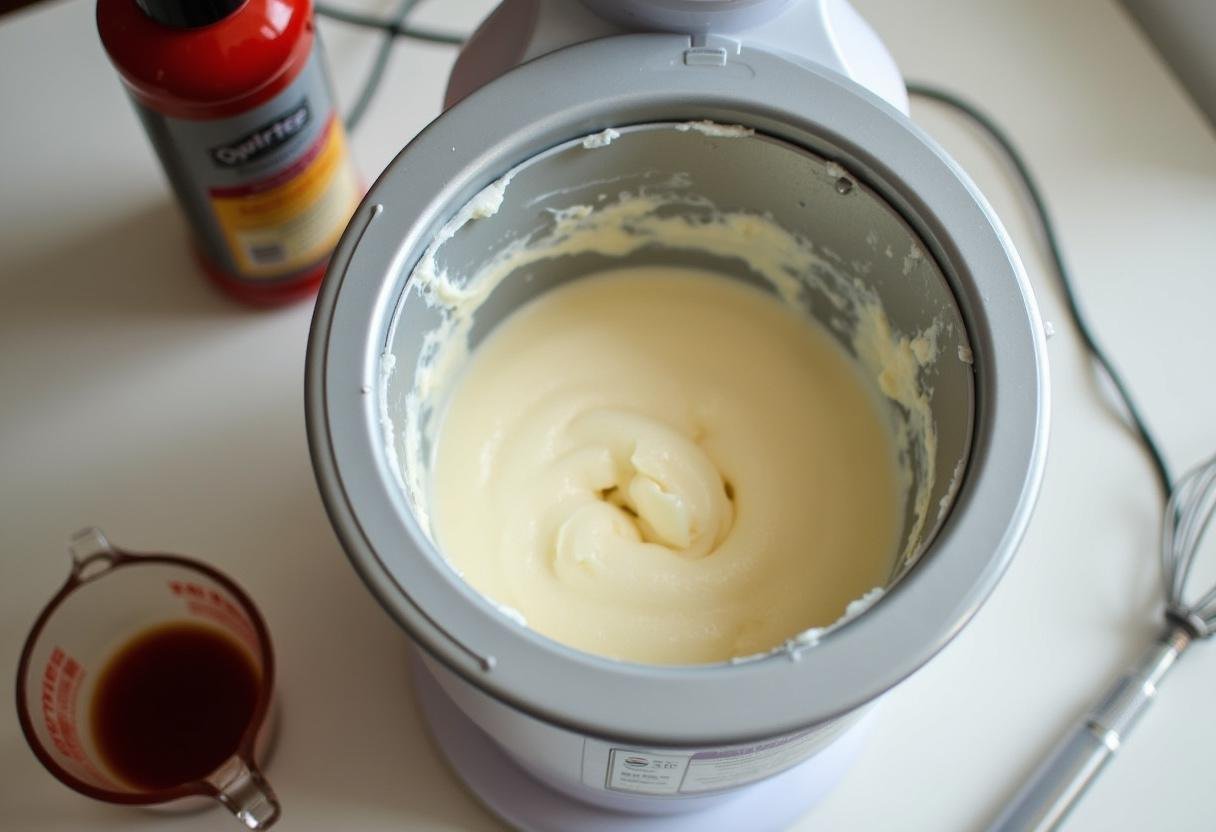Smooth cream mixture being poured into a Pampered Chef ice cream maker, showcasing the mixing process for delicious homemade ice cream.